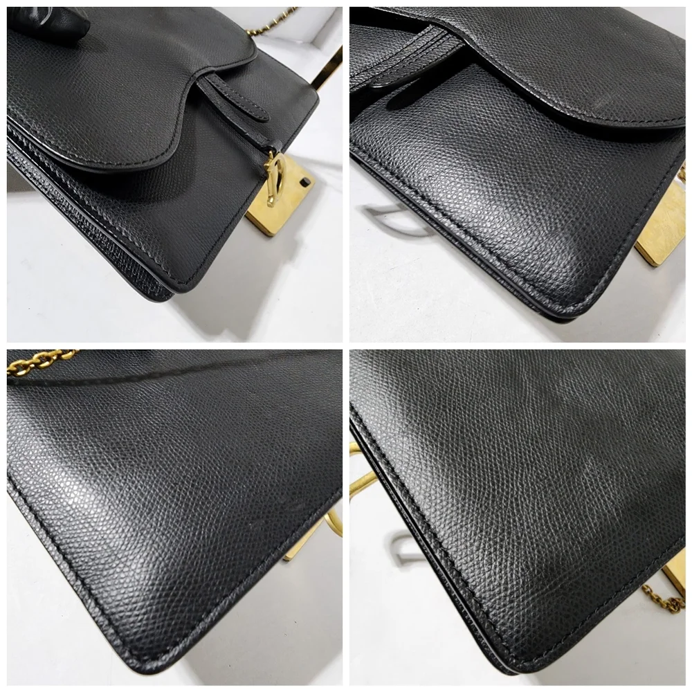 CHRISTIAN DIOR Grained Calfskin Wallet on Chain Black